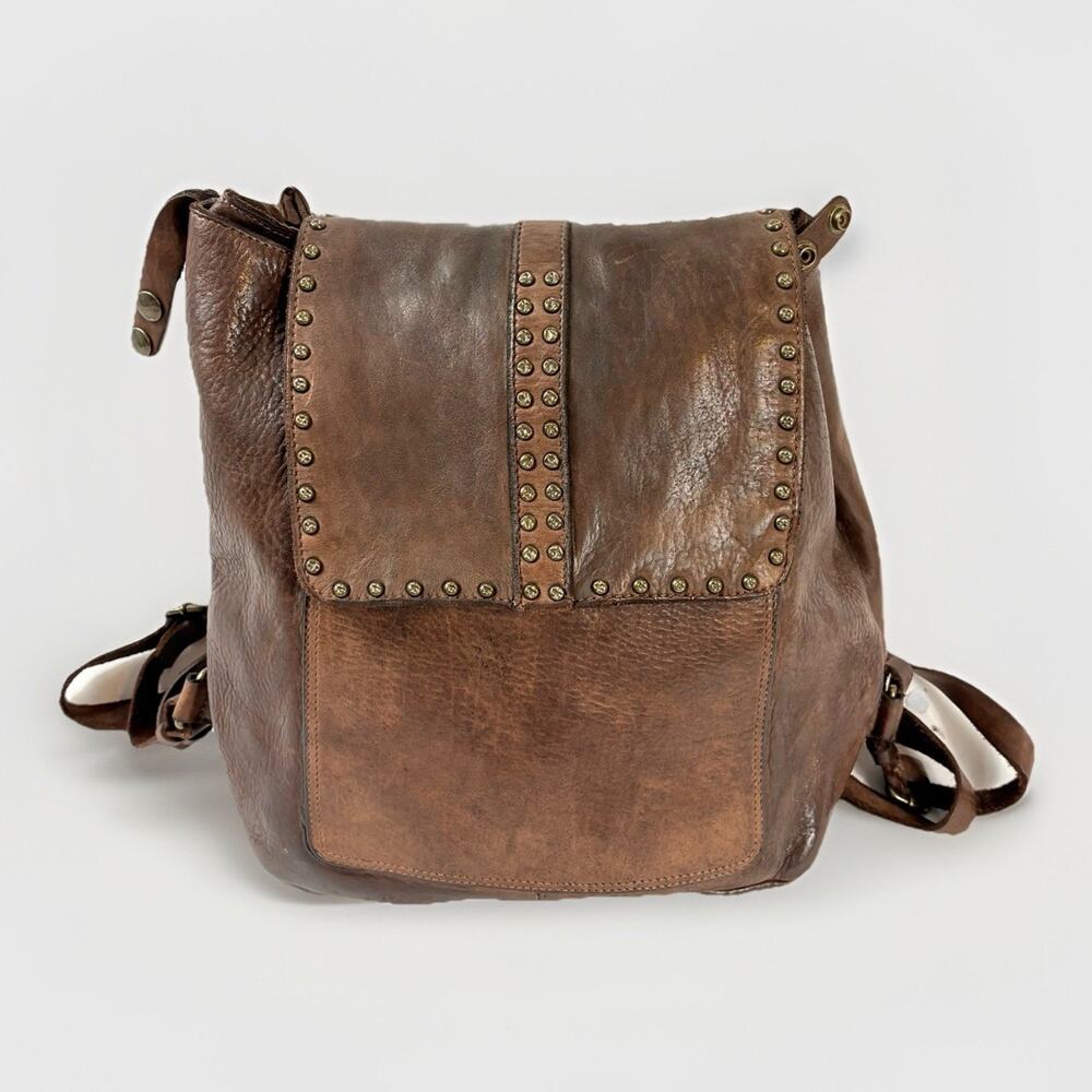 Spaghetti Western Studded Brown Leather Backpack Hand Dyed Distressed Boho Bag